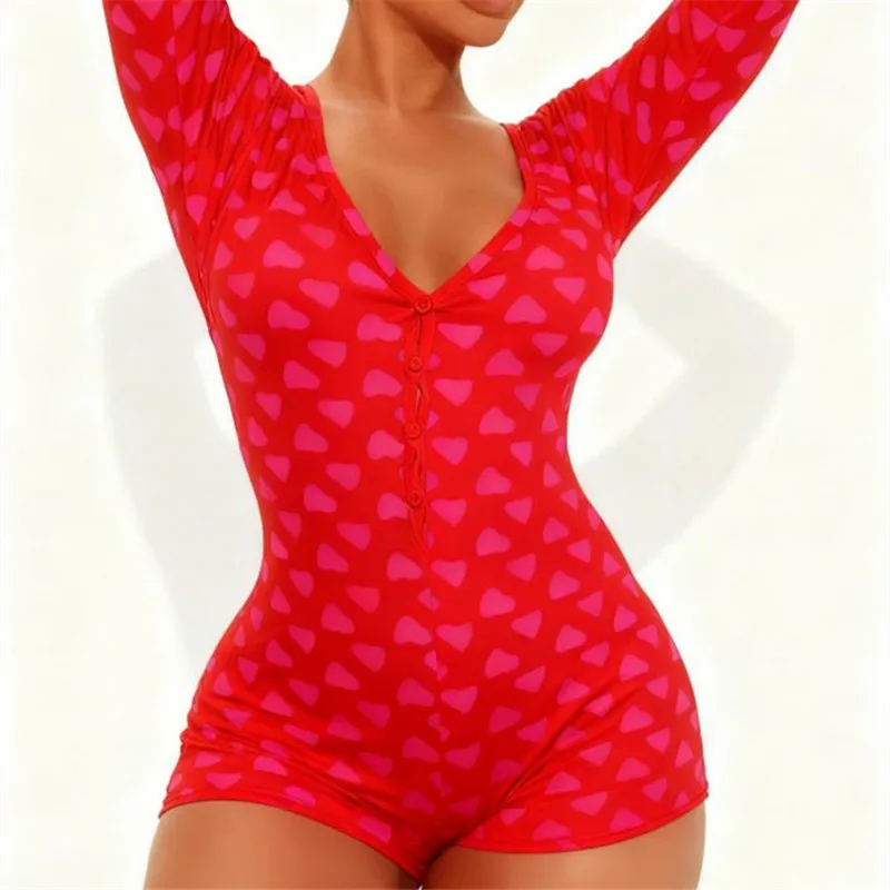 

Женский комбинезон с сердечком, шорты с V-образным вырезом и длинными рукавами на пуговицах, комбинезон для повседневной жизни и Дня святого Валентина
