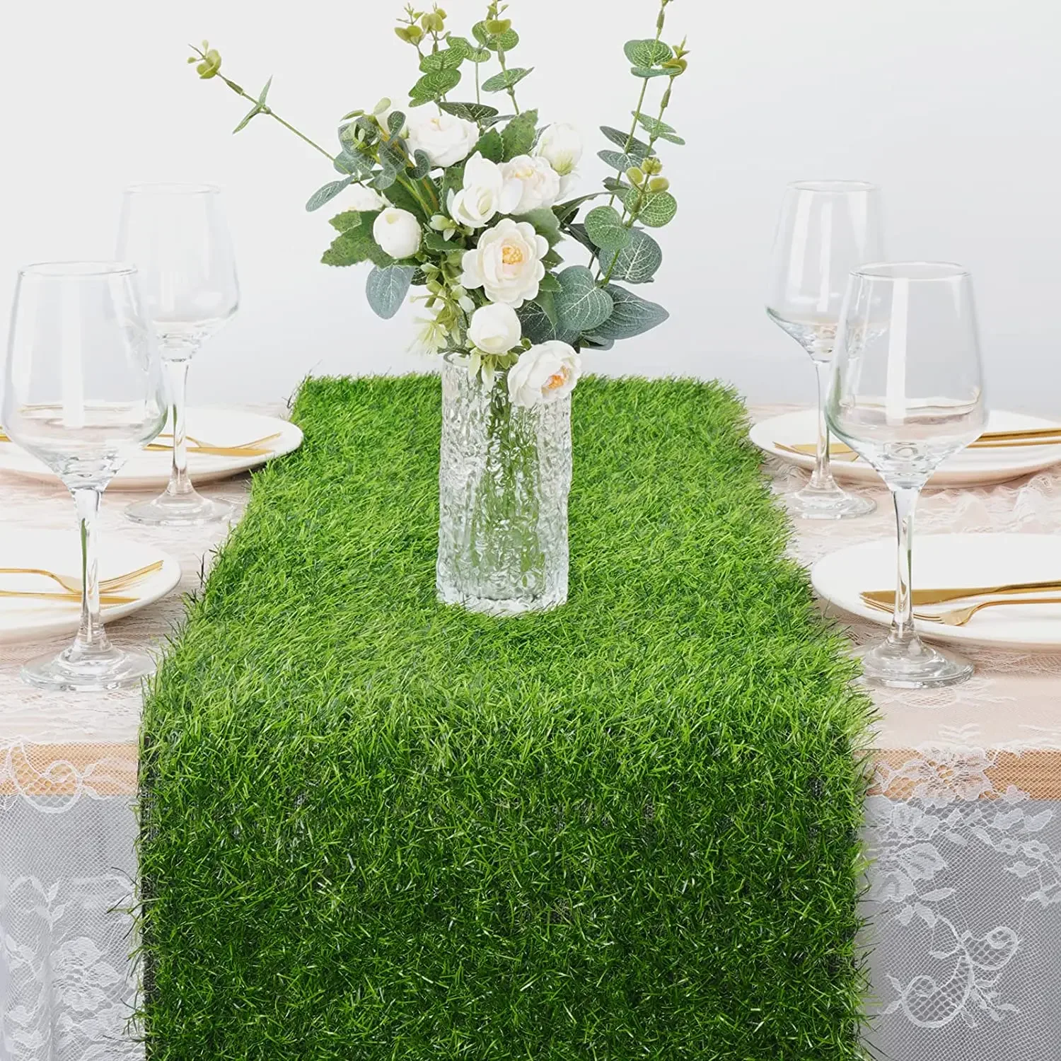 

30cmx180cm Artificial Grass Table Runner Green Tabletop Centerpiece for Party Christmas Birthday Banquet Wedding Decoration