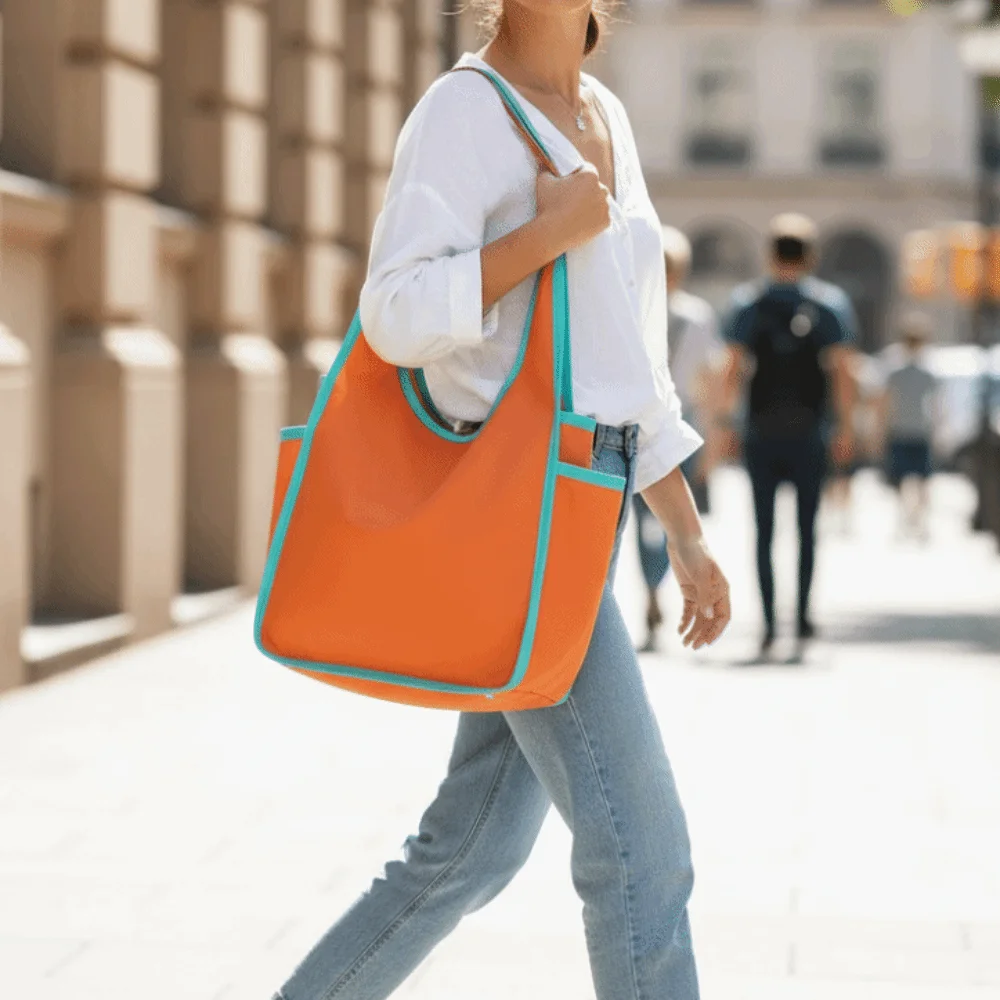 

Reusable Large Capacity Shopping Bag Foldable Waterproof Tote Bag Color Blocking Polyester Eco-Friendly Bag Study Bag