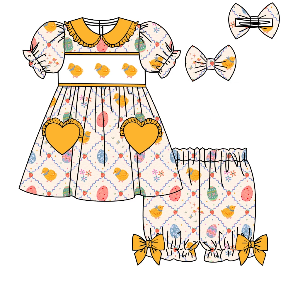 

Горячая распродажа: Пасхальный комплект пижам для девочек с воротником, коротким рукавом, шортами и эластичным принтом с кроликами и яйцами – идеальный вариант для пасхальных нарядов девочек.