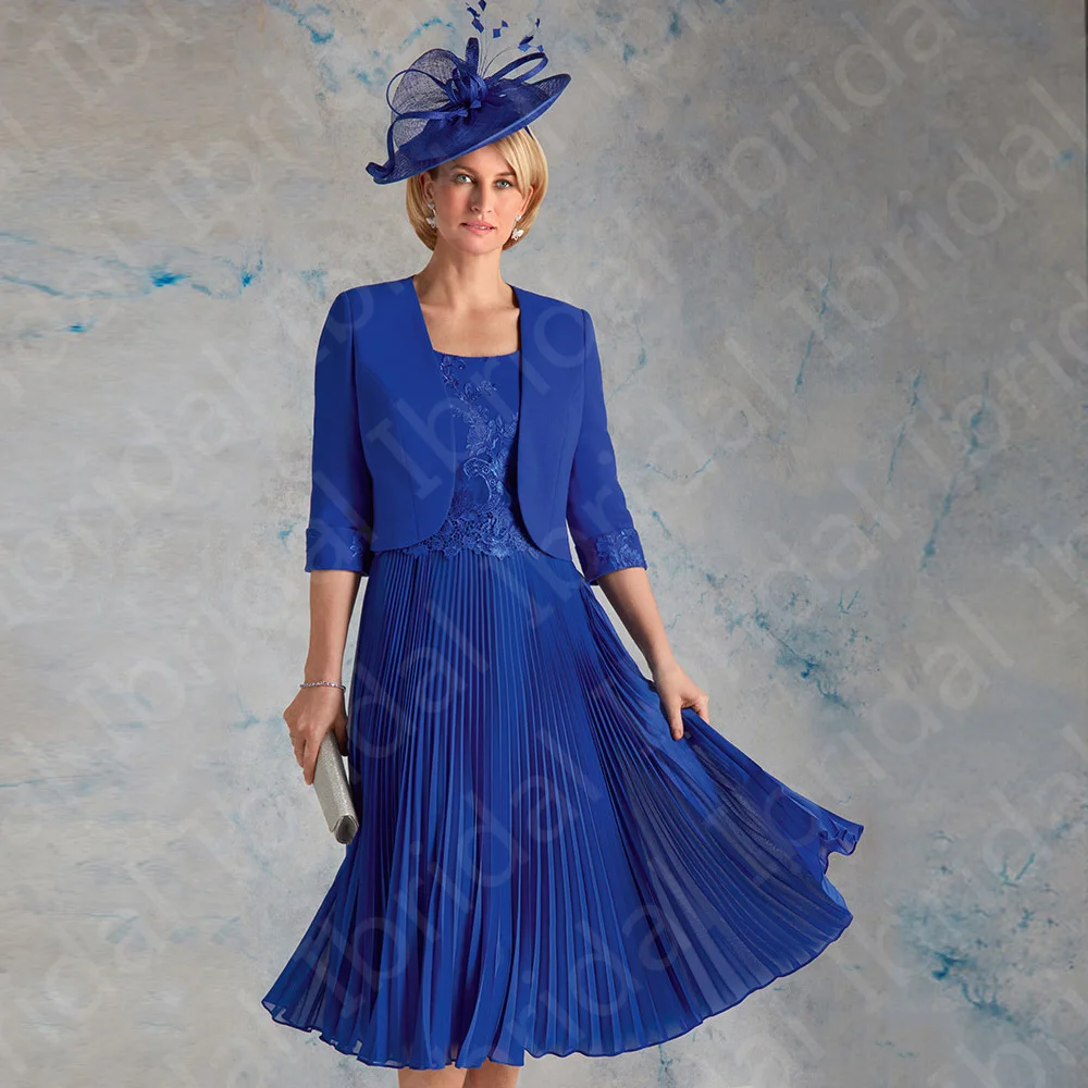 

Gorgeous New Royal Blue Mother Dresses with Jacket Wedding Party Gowns Tea Length Lace of the Groom Dress 2023 On Sale