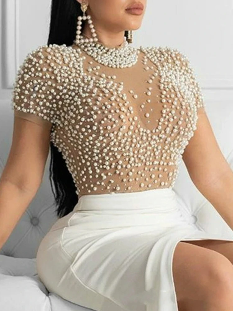 Sexy Dress See Through Tulle with Bead Tops Patchwork Slit Dresses for Women Short Sleeves Female 2023 Spring Summer New Arrival