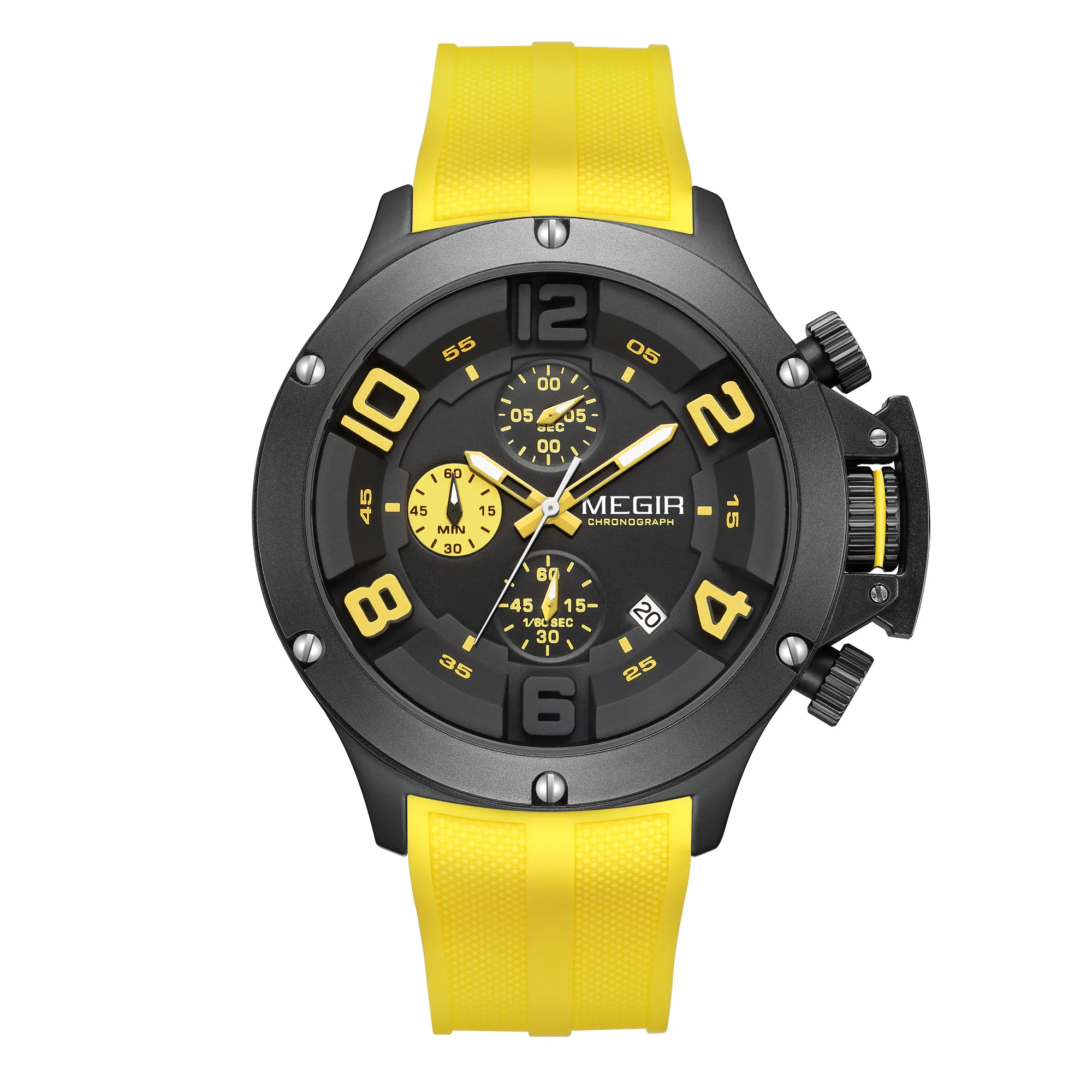 MEGIR Relogio Masculino Luxury Quartz Watch for Men Yellow Silicone Strap Military Sport WristWatch Chronograph Auto Date 8115