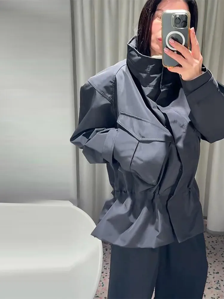 Stehkragen Langarm Oversize-Jacken für Damen Streetwear Große Taschen Kordelzug Taillenschnürung Schlanke Mäntel Frühling Damen-Oberbekleidung – Detail 21