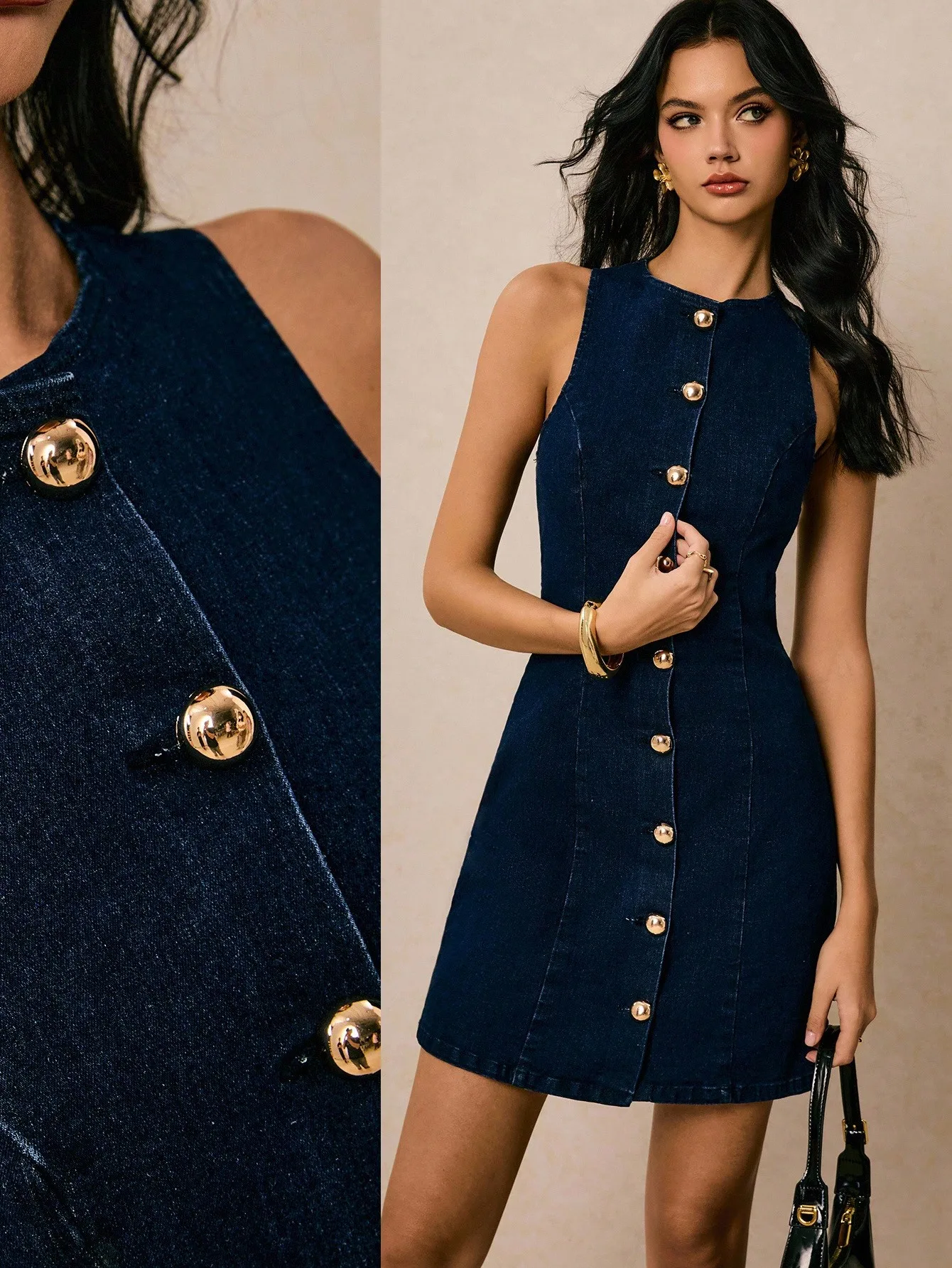

Women's Sleeveless Round Neck Denim Dress with Gold Buttons, A-Line Mini Style