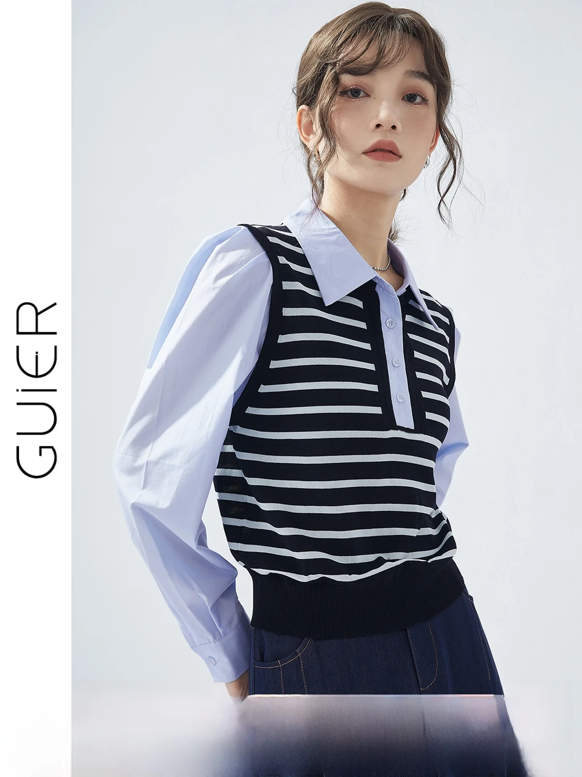 

Женский полосатый воротник Guier, длинный све irt, весна 2023, новый дизайн, цвет Blo, облегающий крой, повседневный стиль на пуговицах