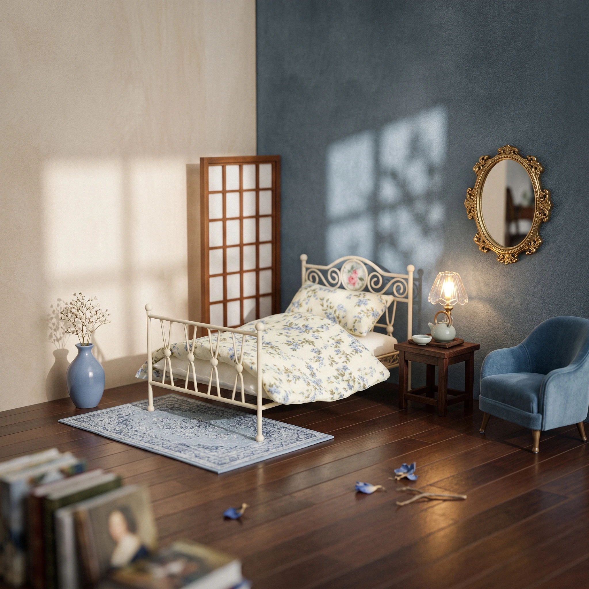 Bed with Bedding Vintage Miniature Metal Bed Furniture Decorative Realistic for Collectors, Display Scenes