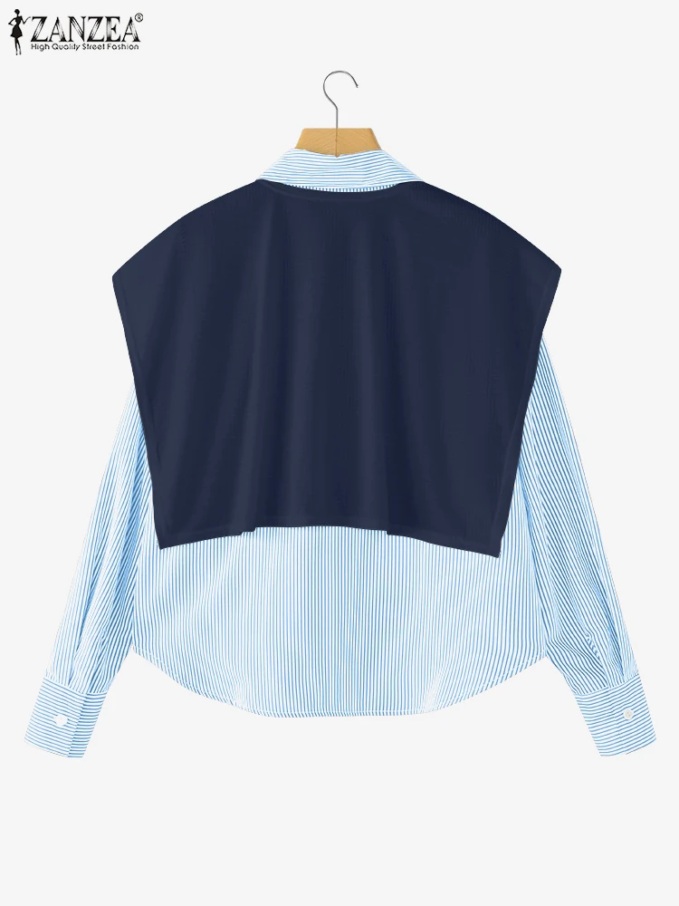 ZANZEA 長袖シャツ女性フェイクツーピーストップス 2025 秋ストライプブラウスパッチワークカジュアルルーズエレガントオフィスブラウス OL