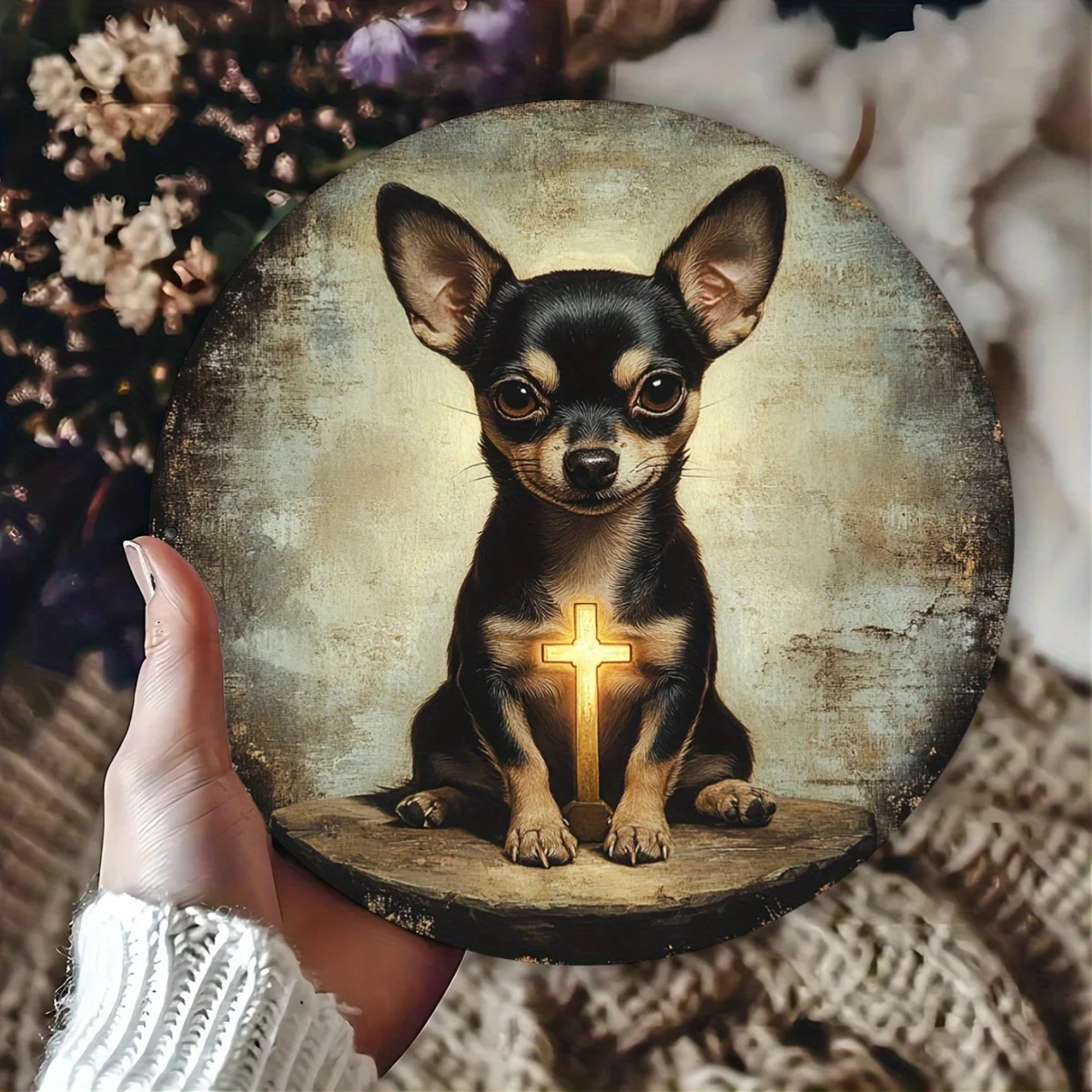 1pc, Chihuahua Pray Aluminum Metal Round Pewter Sign Vintage (8X8 Inch) Wreath Centerpiece, Hanging Decorations, Whimsical Decor