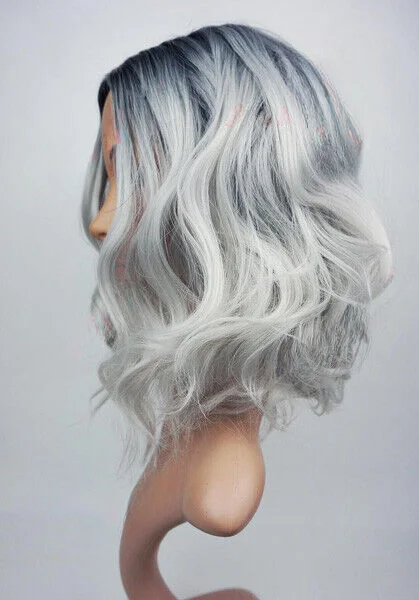 Silver Grey Black Roots Medium Length Beach Waves Wig Synthetic