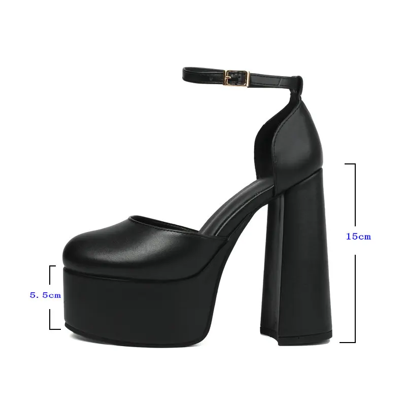 2024 Spring Women High Heel Shoes Platform Square High Heel Ladies Pumps PU Leather Round Toe Buckle Fashion Party Women Shoes