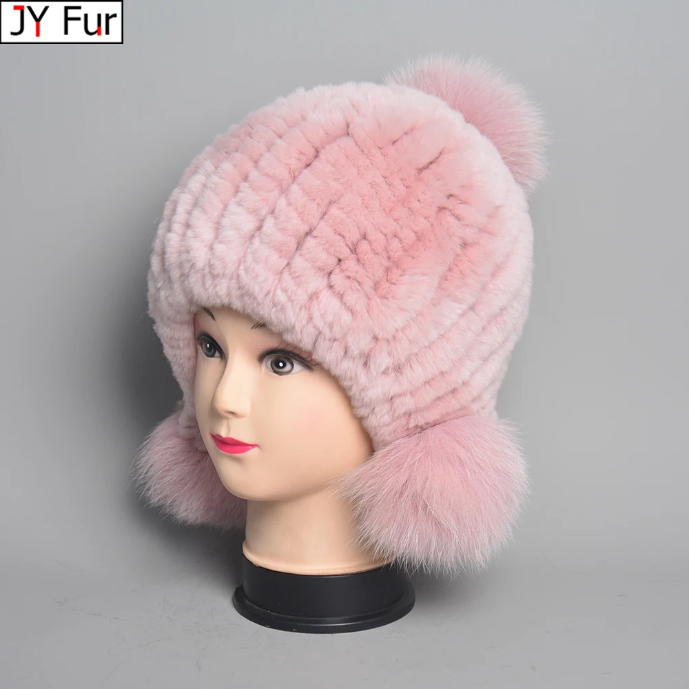 Natural Rabbit Fur Bomber hats Winter Warm Outdoor Fluffy Earflap Caps Luxury Russian Boys and Girls Children