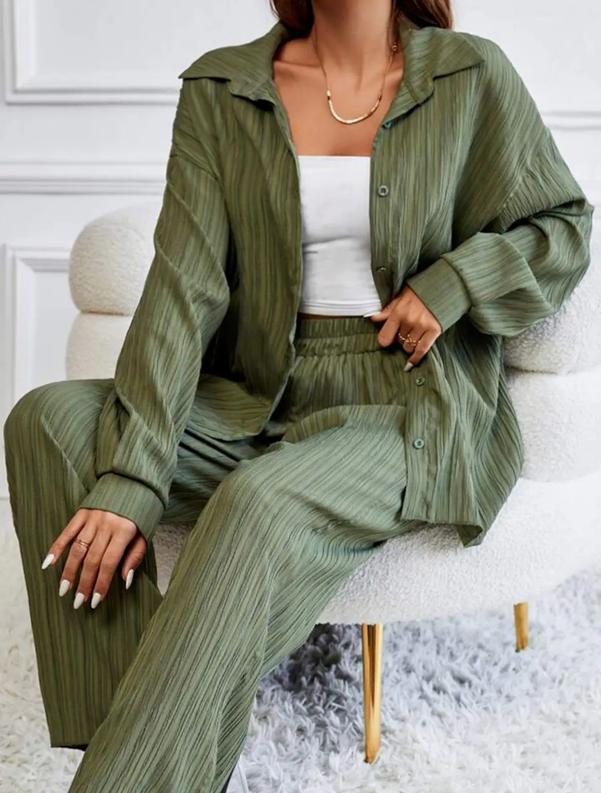 

Two Pieces Women Pant Sets Solid Matching Sets Pleated Button Turn Down Collar Top Elastic Waist Pants Casual 2026 Spring Autumn