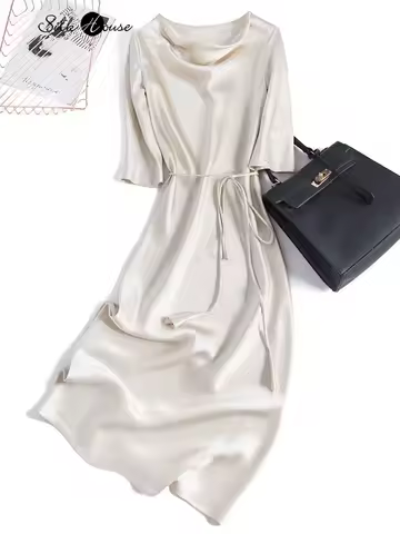 Heavy Mulberry Silk Satin Party Dress Long Sleeve Dress Women's 2025 Fashion New Style Evening Dress