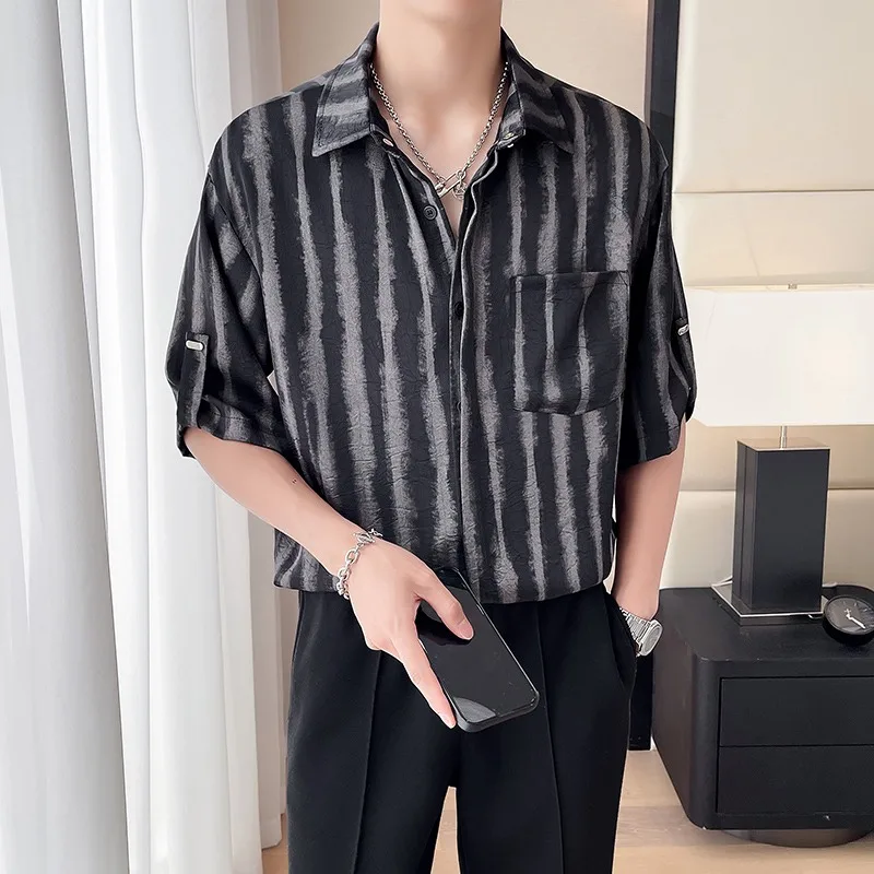 2024 Zomer Mesh Koele Halve Mouwen Shirts Heren Strepen Losse Casual Shirt Mode Veelzijdige Tops Social Streetwear Shirt