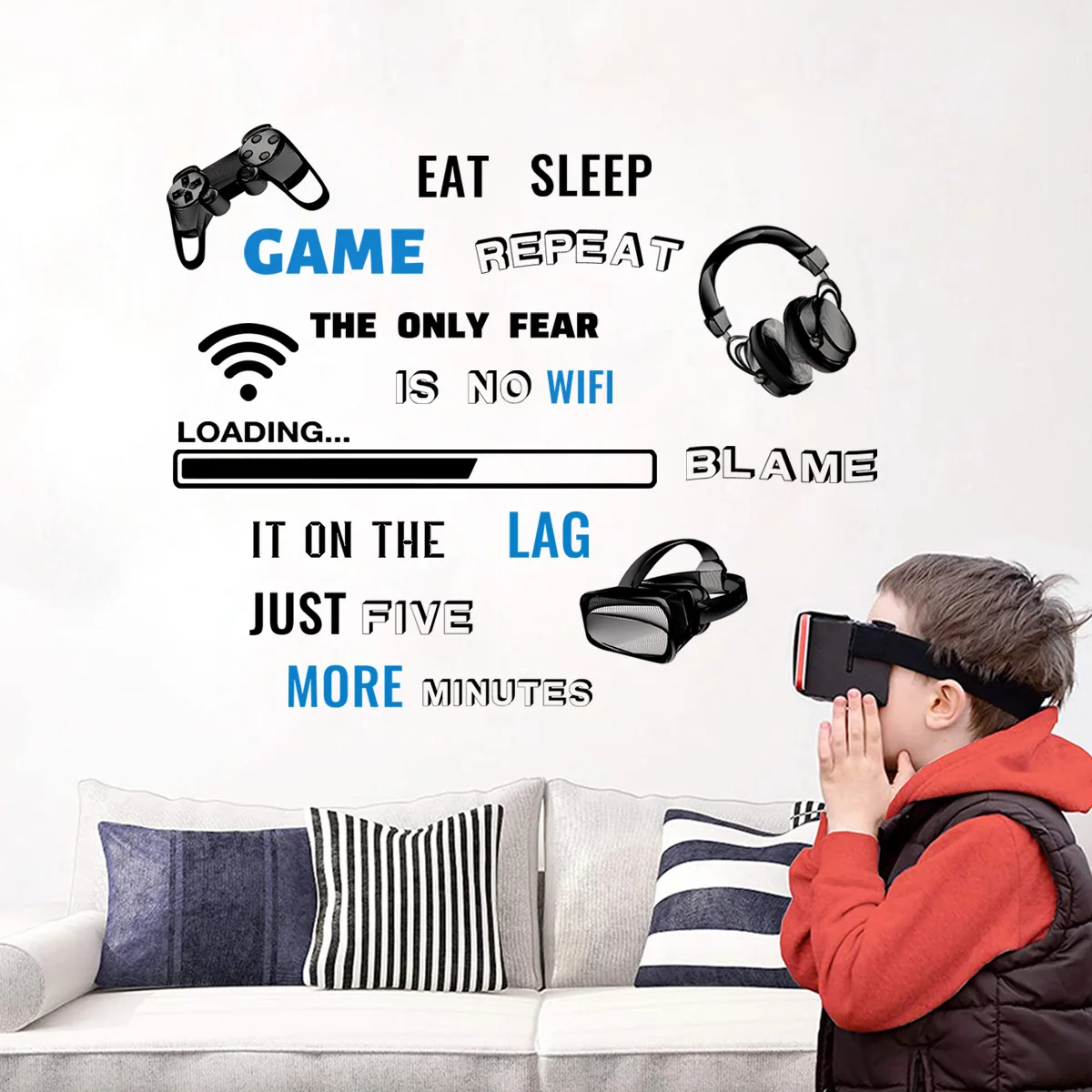 30x80cm Gamepad Headset English Slogan Wall Decal Removable Wall Sticker Living Room Bedroom Study Background Wall Decor Mural