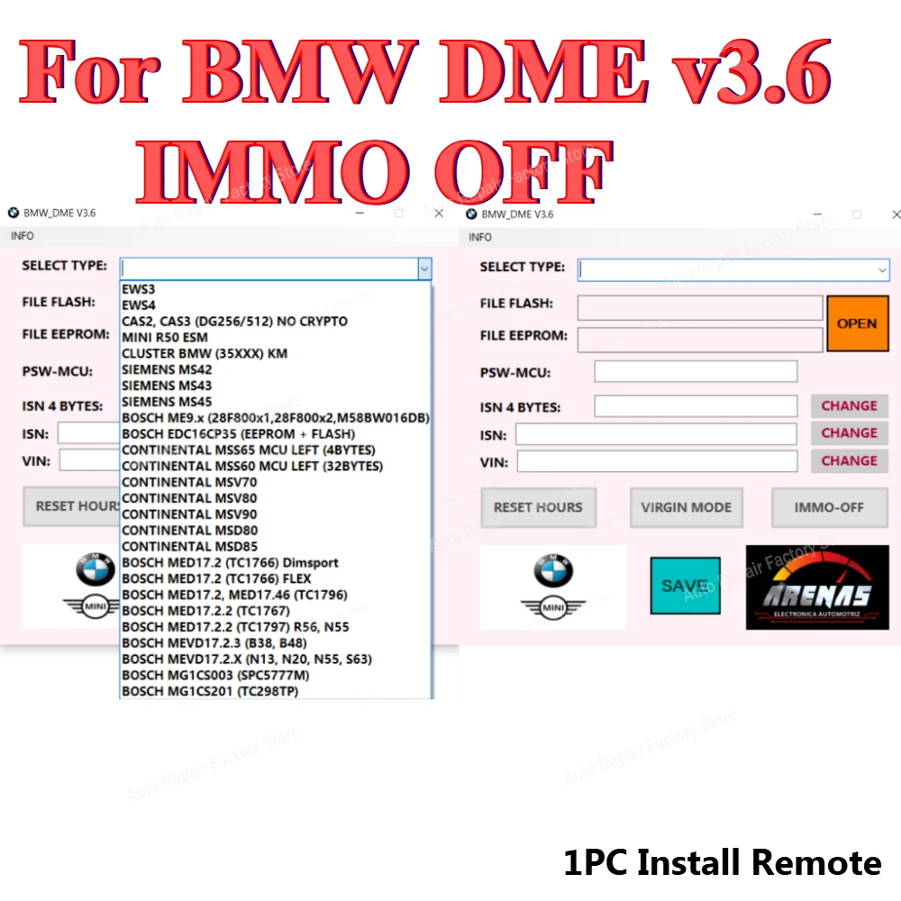 Para BMW DME V3.6 IMMO herramienta IMMO apagado reinicio horas editar VIN ISN VIRGIN modo EWS3/EWS4 MINI R50 MED17.2 MG1CS003