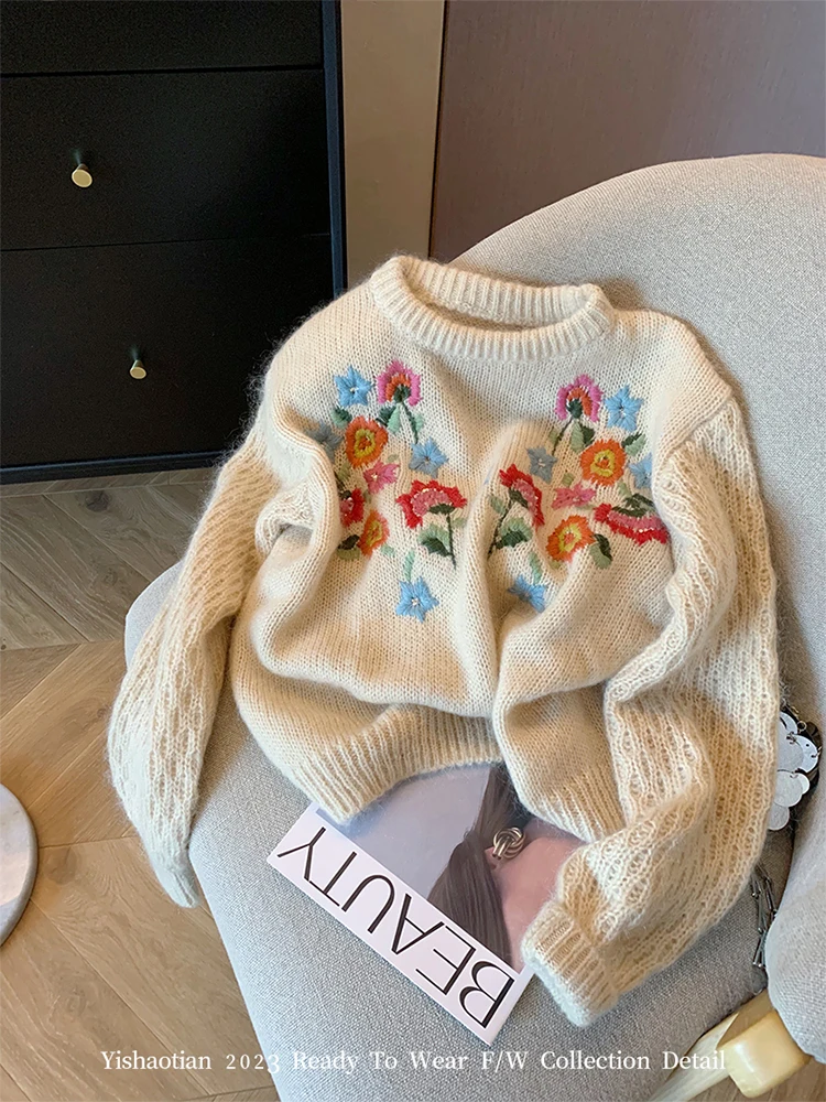 Harajuku Knitted Cashmere Top Women Classical Embroidery Floral Pullovers Sleeve Autumn Winter Sweater Korean Oversized Tops Y2K