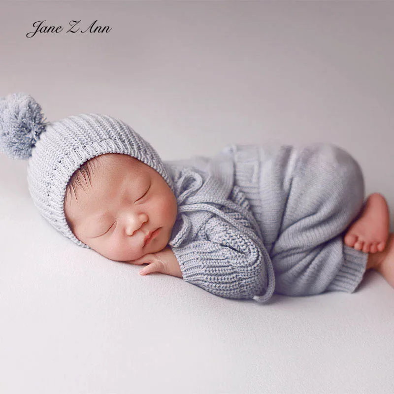 

Модный голубой вязаный комплект одежды для фотосъемки для новорожденных мальчиков и девочек, милая шапка с помпоном, свитер, штаны на подтяжках, реквизит для детской фотосессии