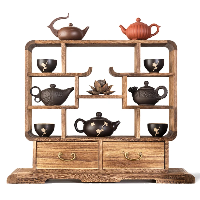 Chinese Solid Wood Small Antique Rack Household Mini Desktop Tea Cup and Teapot Storage Rack Retro Tea Set Rack with Drawers