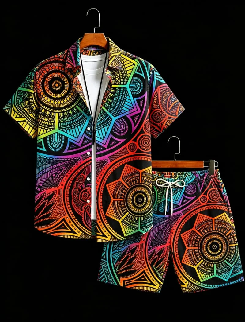 

Men's Tribal Mandala Printed Short Sleeved Shirt And Shorts set, Retro Vacation style, Suitable For Seaside Travel Scenes