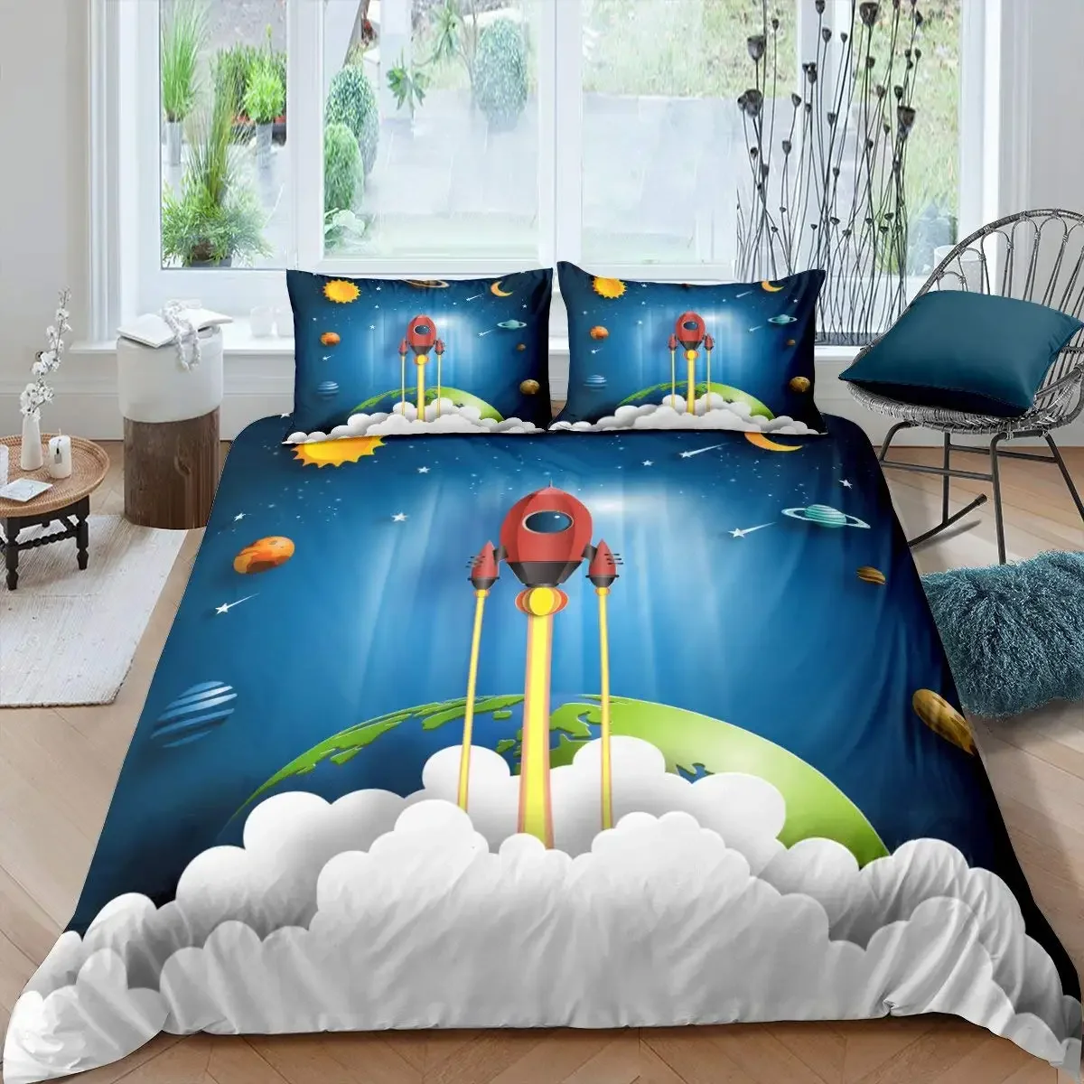 Rocket Astronaut Space Theme Duvet Cover Set King Queen Full Size Polyester Comforter Cover for Kids Boys Girls Bedroom Decor