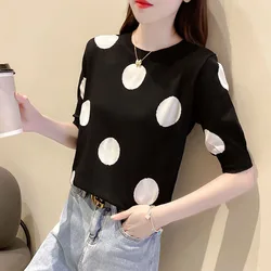 Blusa de manga corta con cuello redondo y estampado de lunares para mujer, ropa informal holgada coreana para verano, 2023