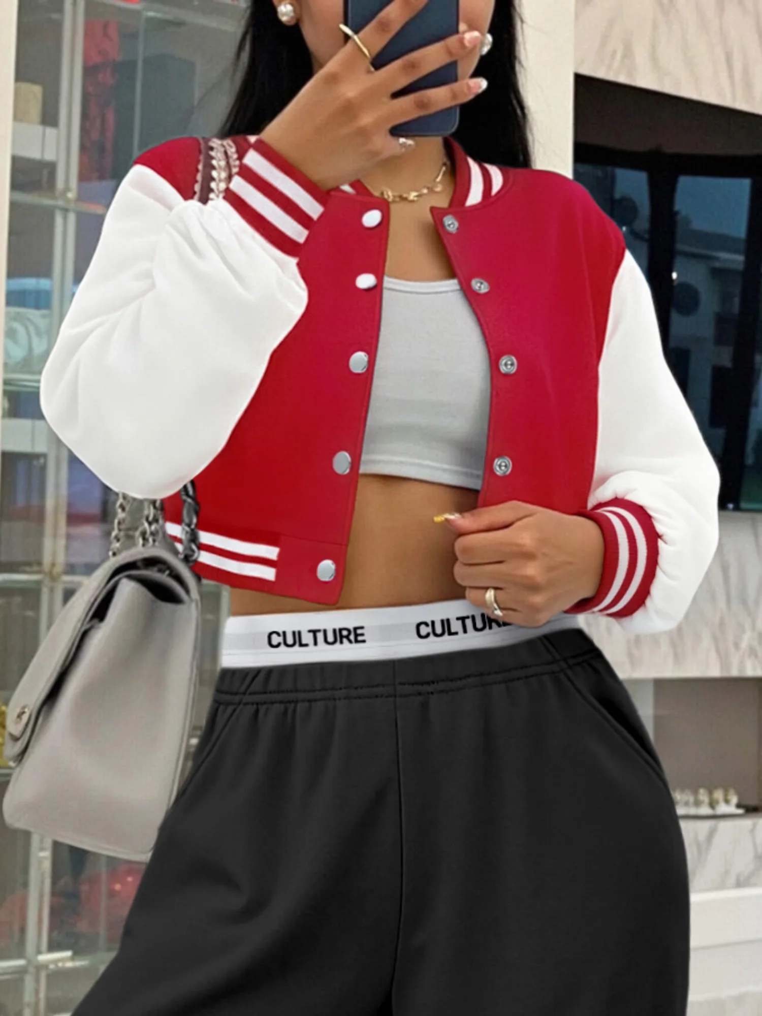 

Милая укороченная бейсбольная куртка в стиле Y2K для женщин, с цветными блоками, на пуговицах, для повседневной носки