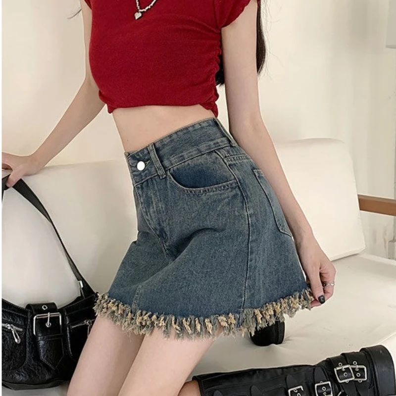 

Women A-line Skirt Denim Y2k Short Dresses Fringe Streetwear Raw Edge Hipster Vintage Harajuku High Waist Sweet Girl Funky Sexy