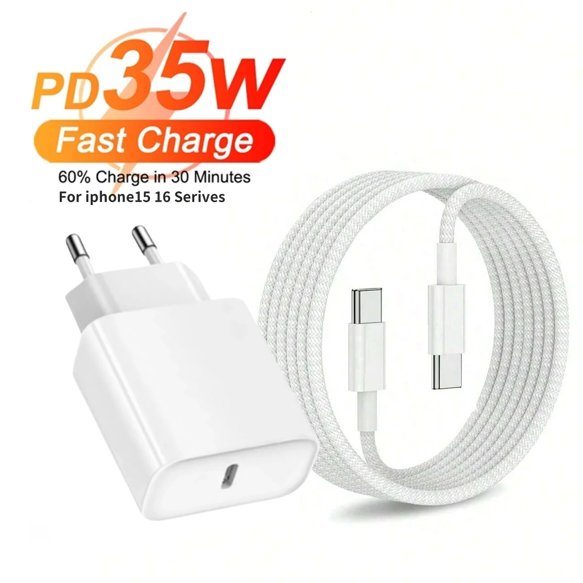 PD 35W USB C Fast Wall Charger For iPhone 16 Plus 15 Pro Max Samsung Pixel Huawei Honor Quick Charging Type C to Type C Cable 2m