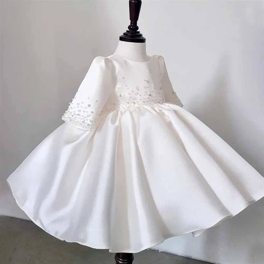 Robe de mariée en Satin blanc pour filles, personnalisée, élégante, à fleurs, perlée, avec nœud, robe de princesse pour fête d'anniversaire, robe de bal de baptême pour bébé
