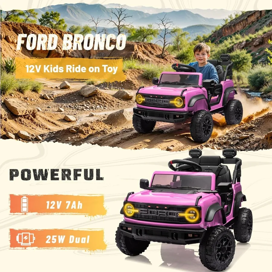 12V Ride on Toy for  Bronco Raptor Electric Car with Parent Remote Control Battery Powered Truck Car with 4-Wheel Suspension LE