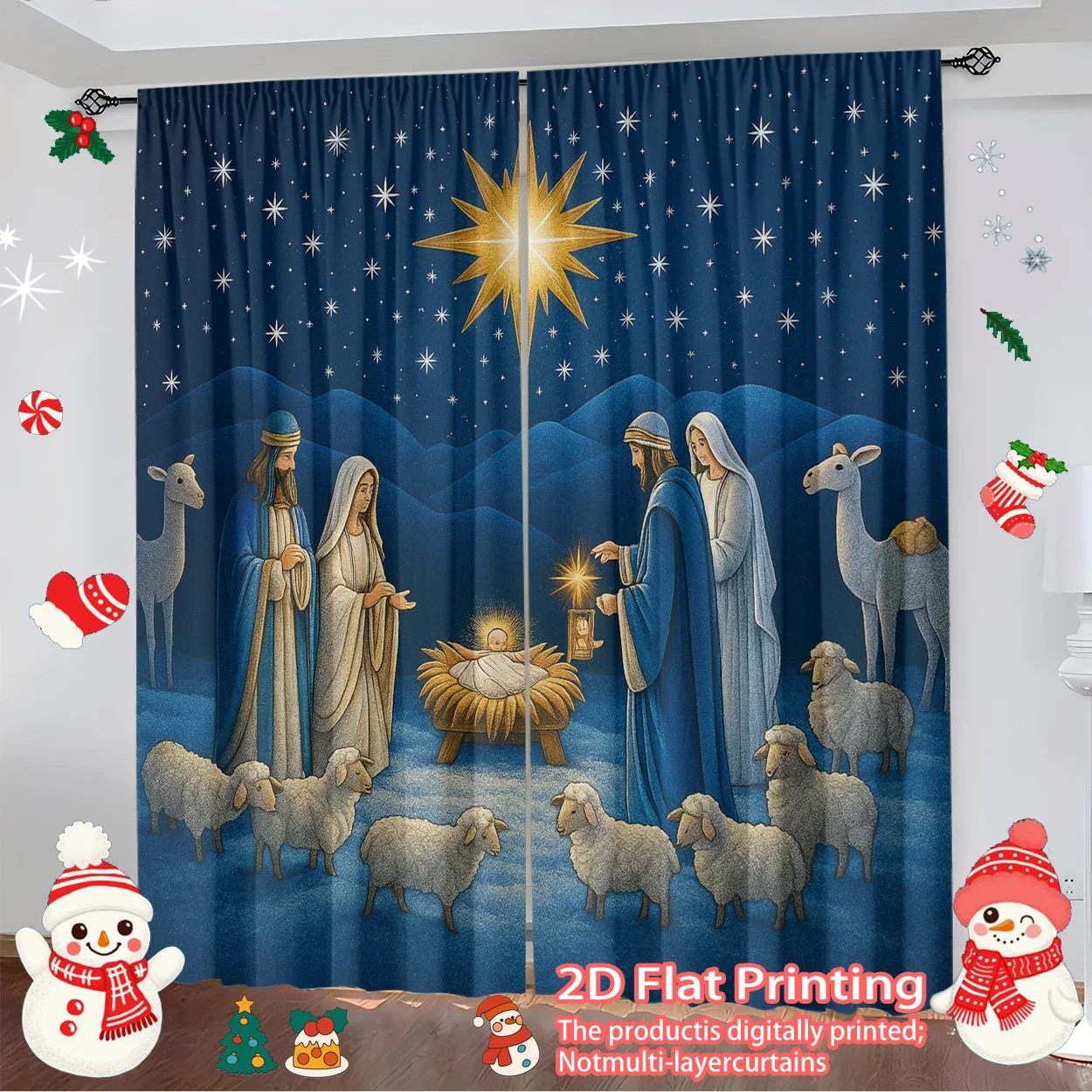 Holiday Christmas Nativity Window Curtains Stars Scene Bethlehem Xmas Family Decoration Digital Print Drape