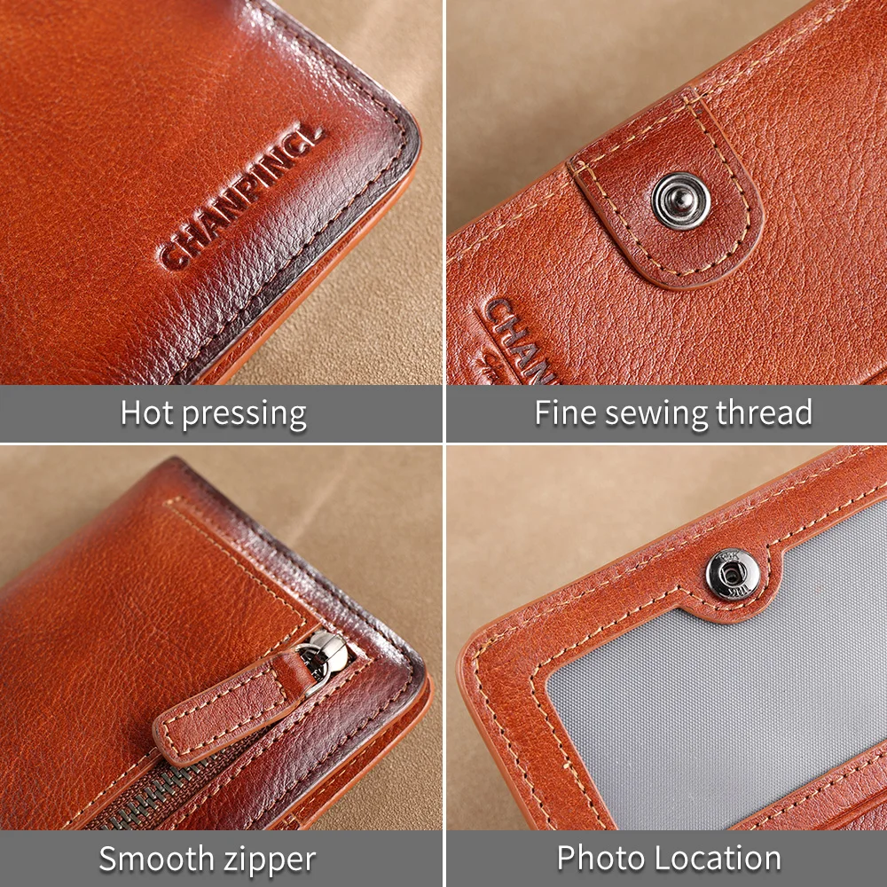 CHANPINCL Men's Wallet Genuine Cow Leather Luxury Original First Layer Cowhide Vintage Style Zipper Purse Business