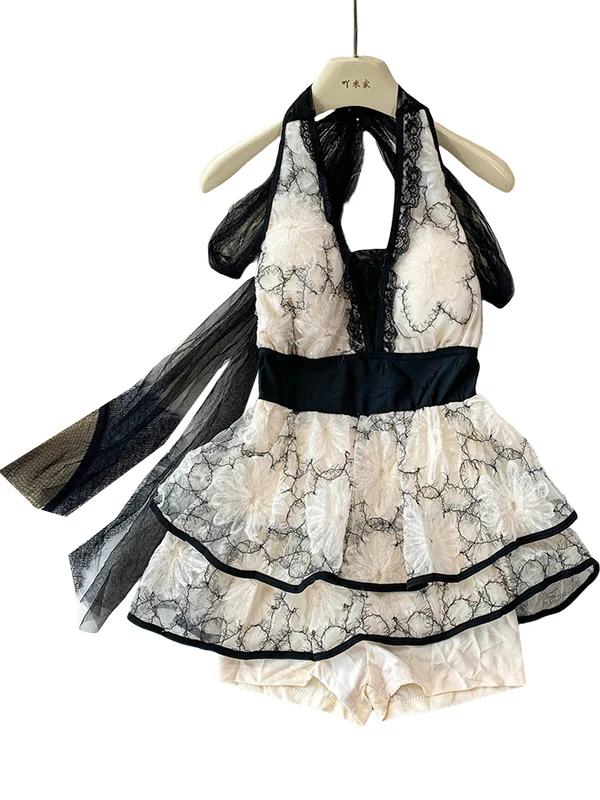 

Sexy Me Splice V-ne ter One-piece Women's Summer Waist-cinching Anti-exposure Cake Dr Commute Sle Straight-cut Hi...