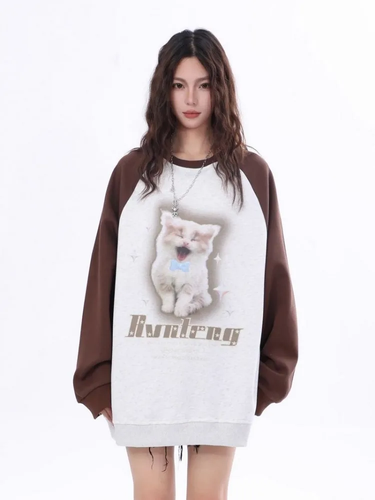 ADAgirl Kawaii Cat Print Sweatshirt Kitty Graphic Long Sleeve Tops Anime Oversized Hoodie Cutecore Autumn Winter Clothes Women