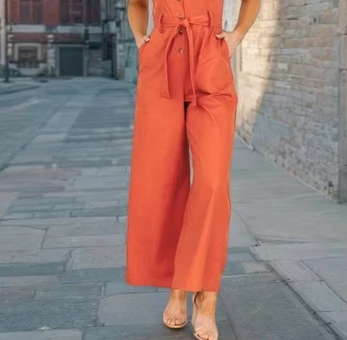 

New Square Neck Sleeveless Suspender Jumpsuit,Button Front Design with Self Belt and Wide Legs,Casual & Stylish One Piece Outfit
