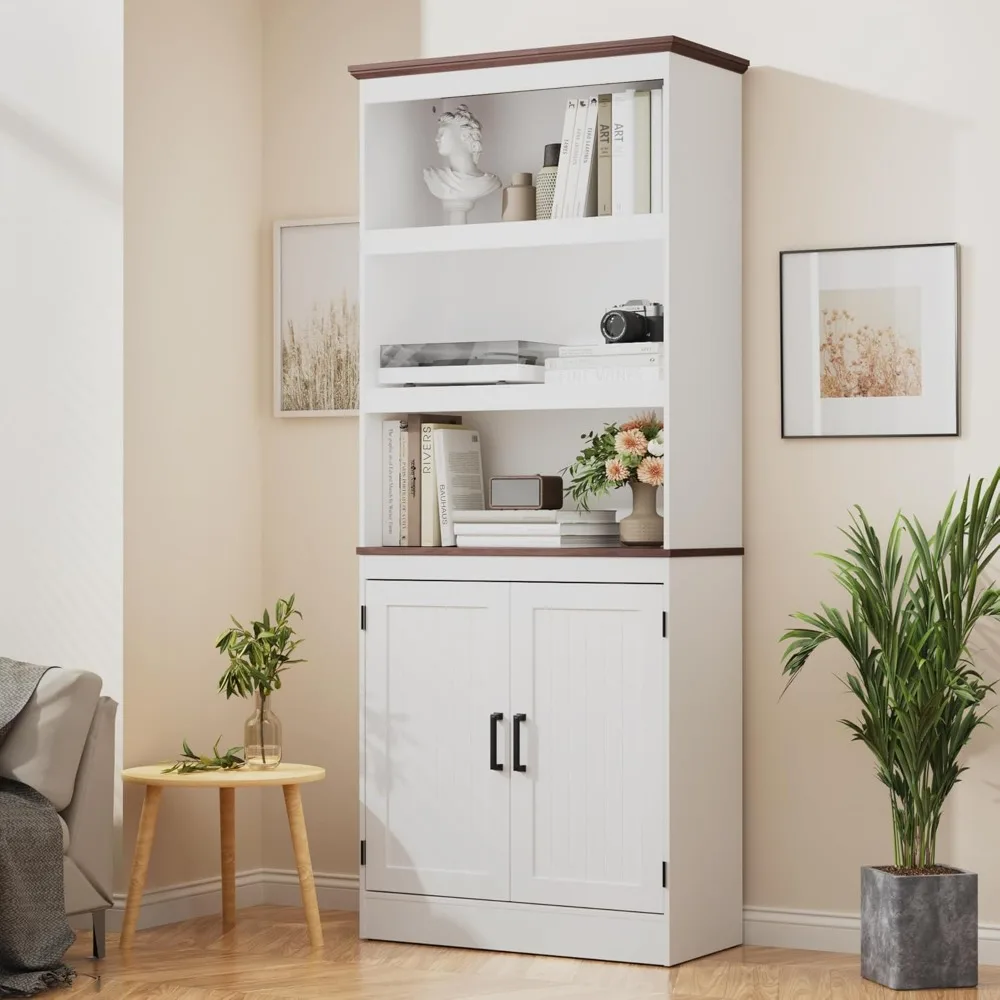 

71 Tall Bookshelf with Doors, 5 Tiers Farmhouse Bookcase with Adjustable Shelves, Wooden Rustic Display Cabinet for Home Of