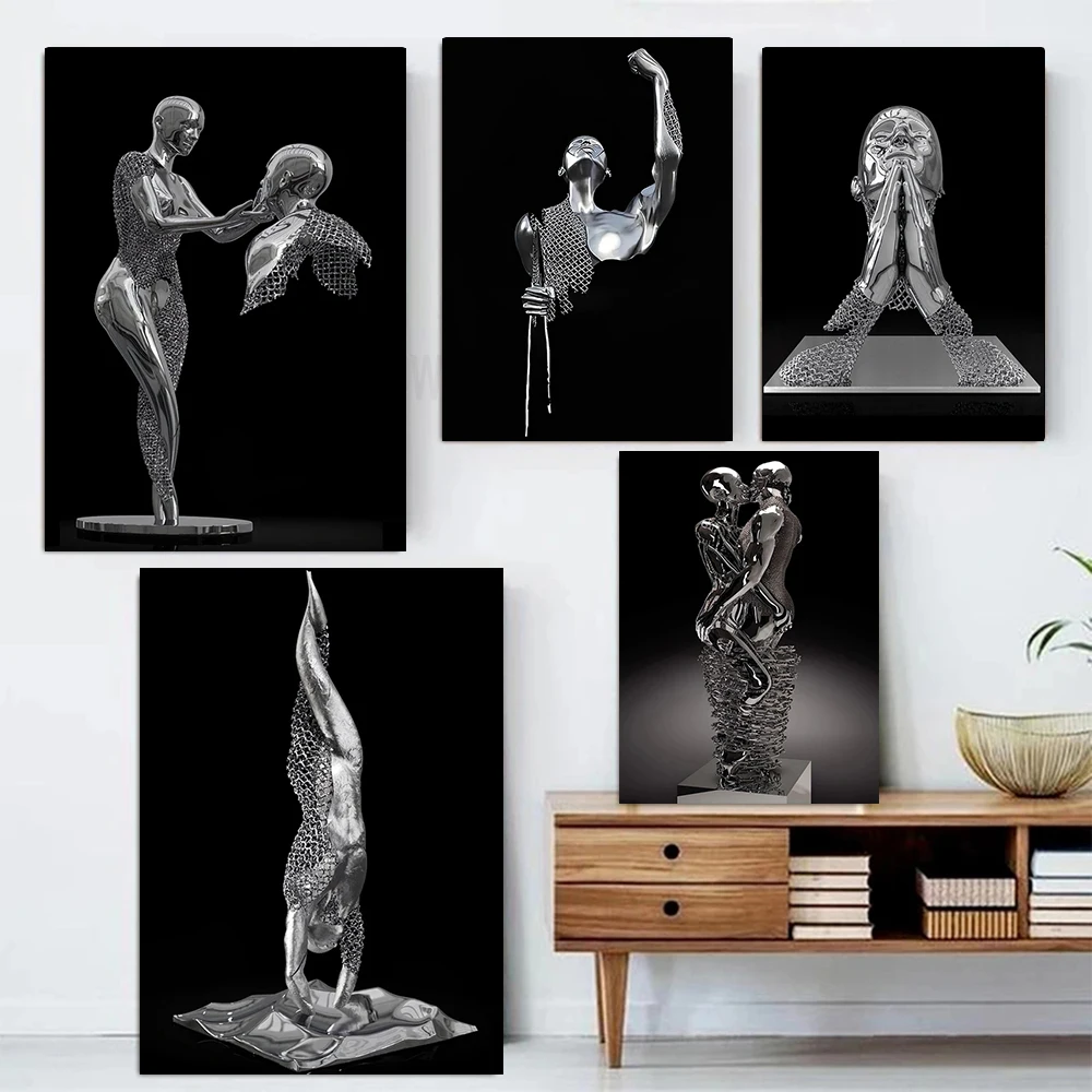 

Abstract Metal Figure Sculpture Oil Painting Modern Silver Lover Poster and Prints Wall Art Pictures for Living Room Home Decor