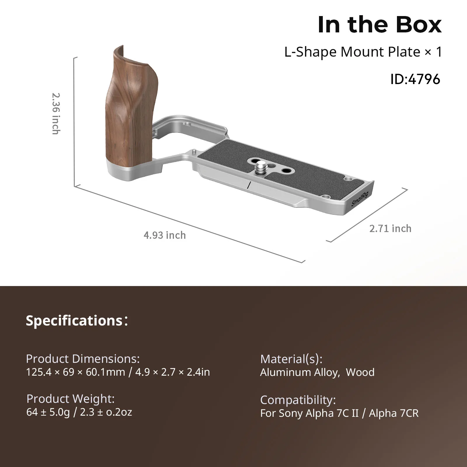 SmallRig A7C II / A7CR handgreep L-vormige handgreep voor Sony Alpha 7C II / Alpha 7CR, met houten handvat, snelwisselplaat voor Arca