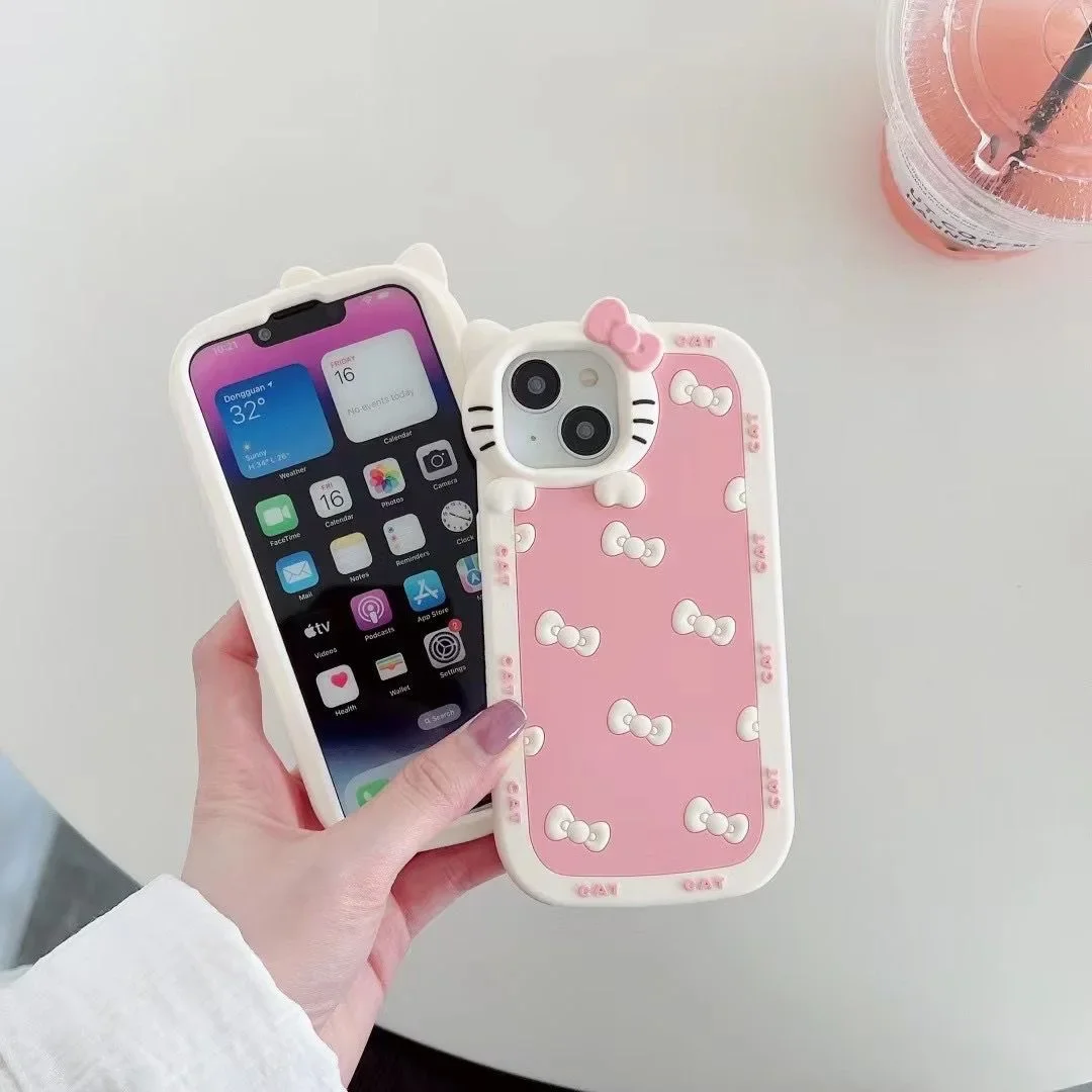 Sanrio Hello Kitty Full Screen Bow Cute Phone Case For iPhone 15 14 13 Pro Max 11 12 13 Pro Luxury Girl Bow Y2K Anti fall Cover