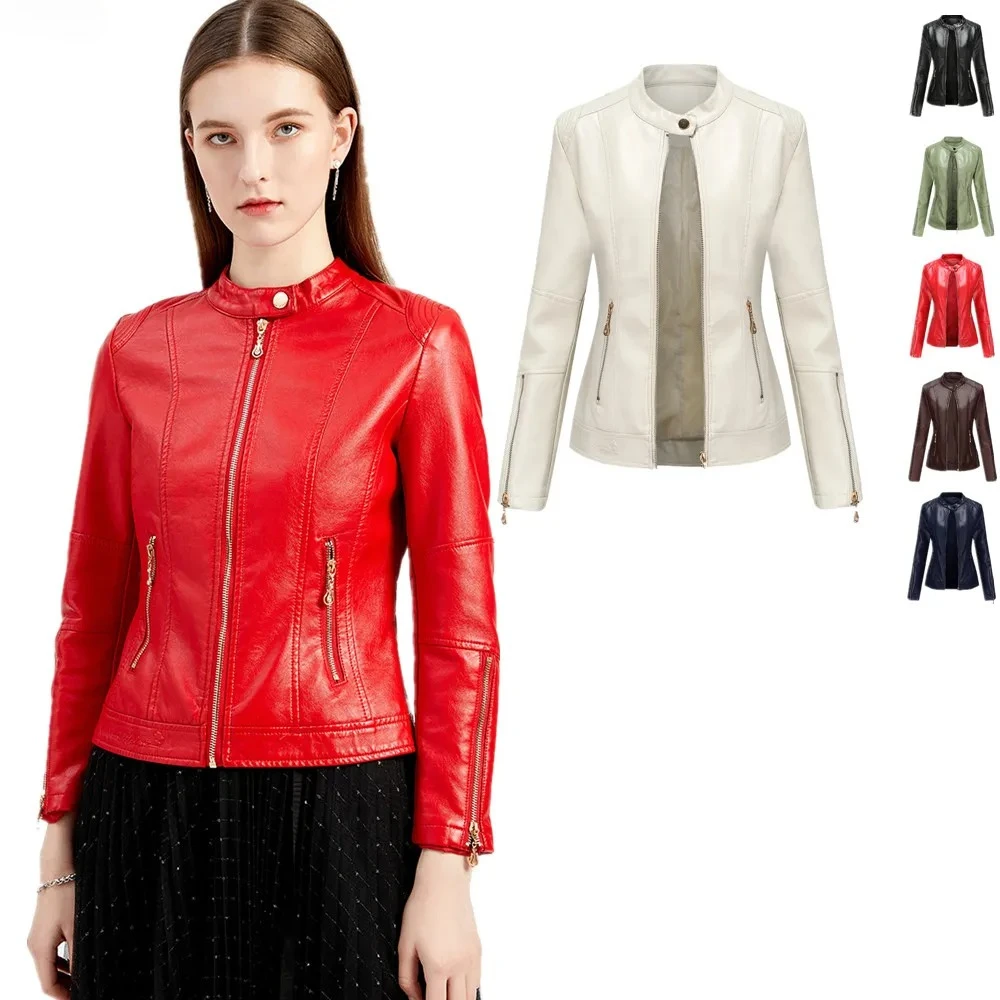 

Women Bright Red PU Leather Moto Jacket, Stylish Short Fit with Front & Sleeve Zippers, Beige, Black, Blue, Green Coat Available