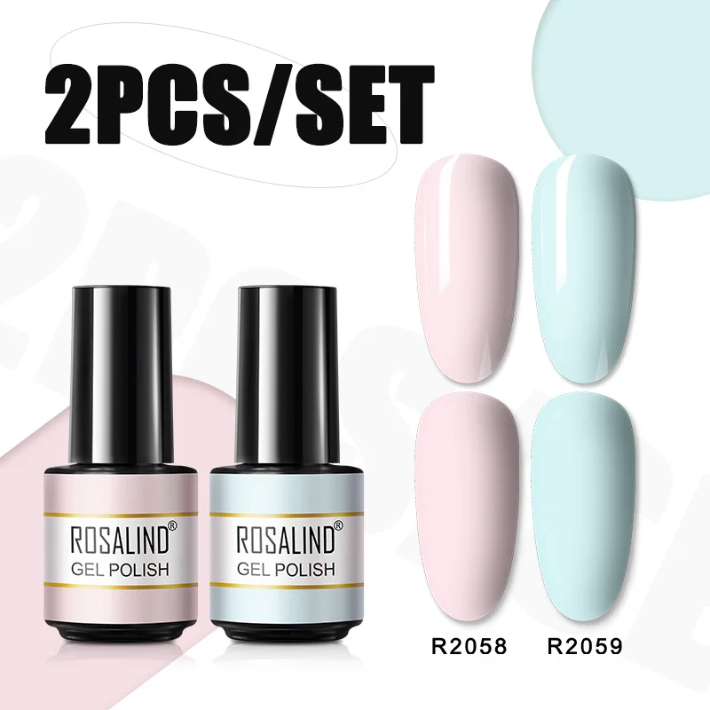 ROSALIND UV Nail Gel 2PCS Set Pure Color Semi Permanent Hybrid Varnish Manicure Nail Art Base Top Coat Nail Gel Polish Kit New