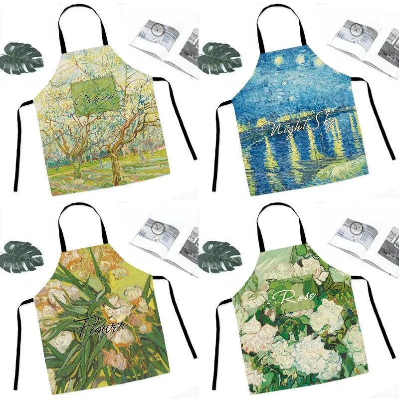 

Oil Painting Pattern Waterproof Apron Van Gogh oil painter Home Cooking Cleaning Sleeveless Apron Teaching Tools For Students