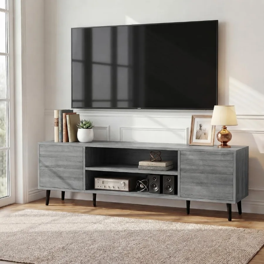 58 Inch Mid-Century Modern TV Stand with Storage for Living Room, Gray Engineered Wood, Sleek Design and Ample Storage Space