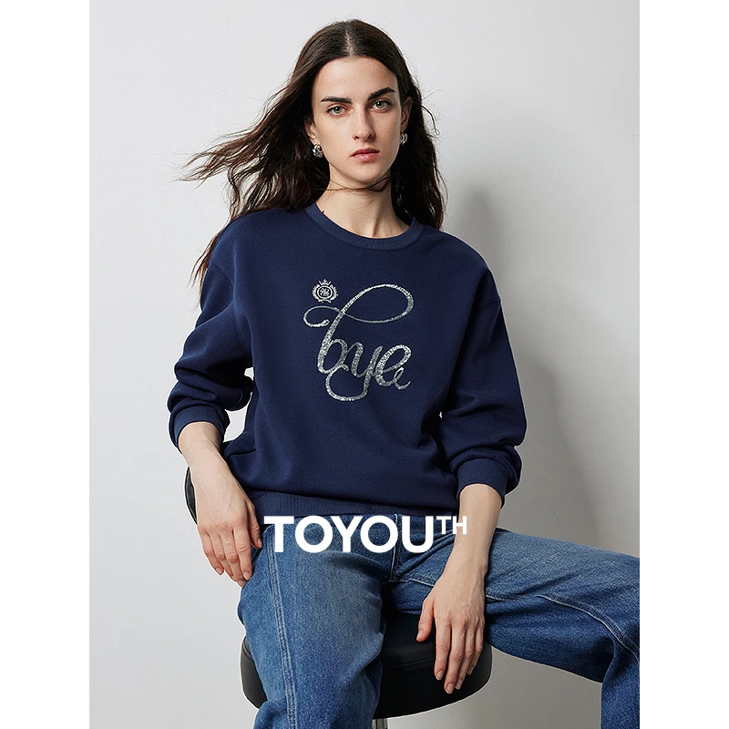 TOYOUTH Women Hoodies 2024 Autumn New Bead Letter Embroidery Round Neck Long Sleeve Cotton Comfortable Sweatshirt Tops