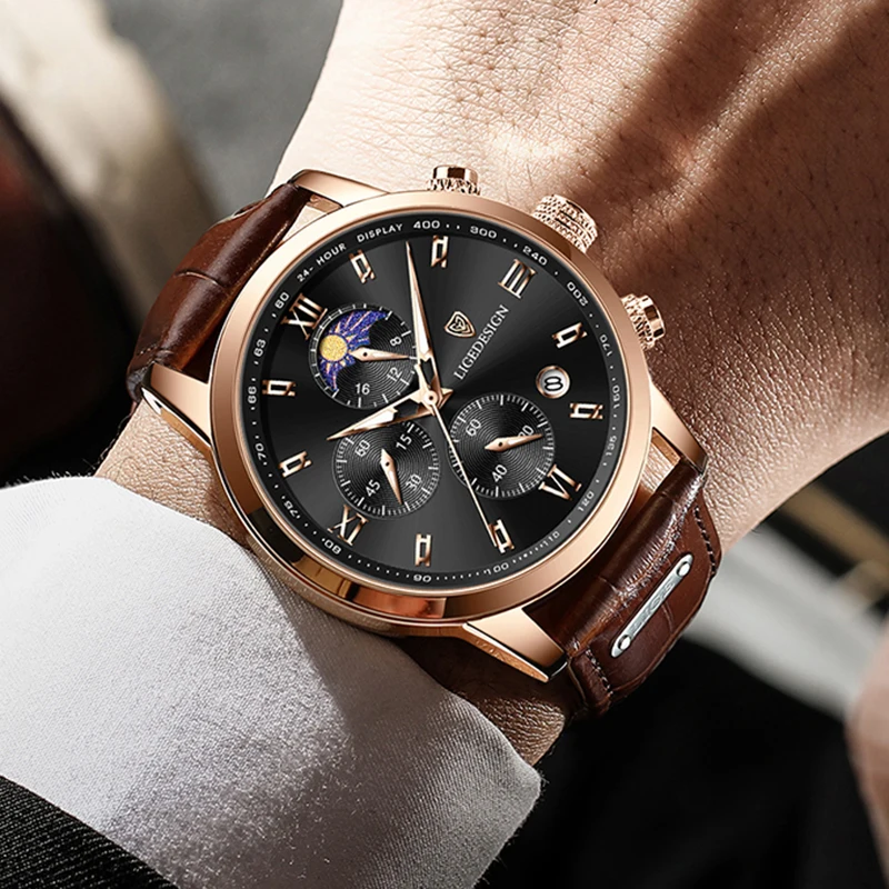 LIGE  Brand Luxury Classic Leather Men\'s Watch Quartz Watch Date Chronograph Simple Daily Wear Watch for Men relogios masculino