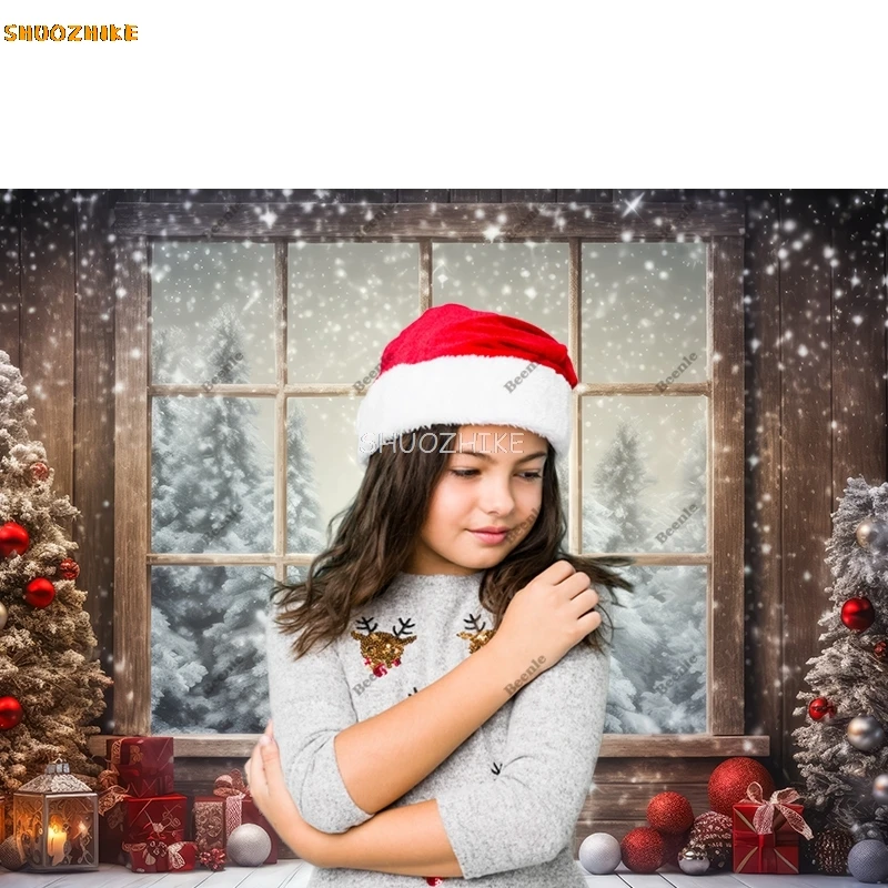 Photography Background Winter Christmas Snow Window Xmas Tree Gifts Kids Family Portrait Decor Backdrop Photo Studio