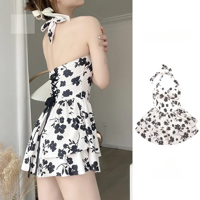 New Women's One-piece Swimsuit Black Flat Cornered Girl Strap Hanging Neck, High Waist, Belly Covering Hot Spring Swimsuit