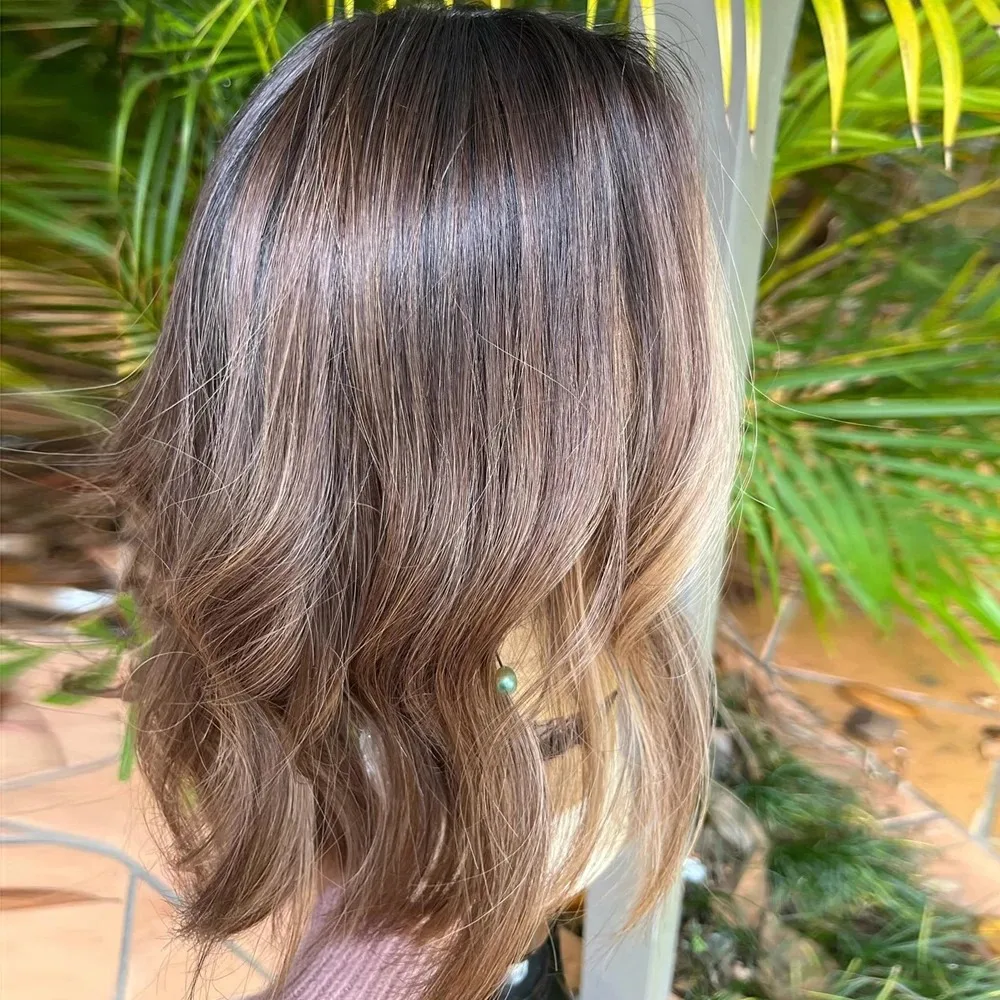 Chestnut Brown Highlights Ombre Balayage Short Bob Synthetic And Blend Lace Wig Middle Part Realistic Body Wave Wig Elastic Hair